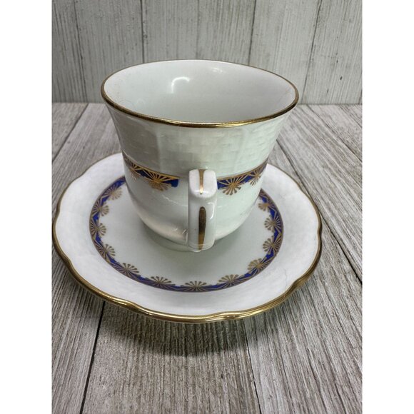 Vintage TK Thun Czechoslovakia Teacups & Saucers Blue & Gold Rim - Set of 2 - Picture 3 of 14